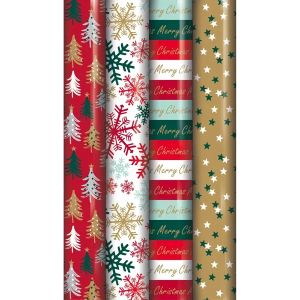 4 X 8M ROLLS OF CHRISTMAS GIFT WRAP WRAPPING PAPER TRADITIONAL TARTAN REINDEER