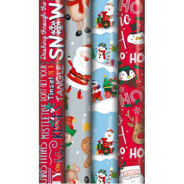 4 x 5M Rolls Of CUTE Christmas Gift Wrapping Paper WITH 20 MATCHING TAGS